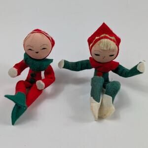 Vintage Felt Pixie Christmas Elves Poseable Christmas Holiday Decor Kitsch Nylon